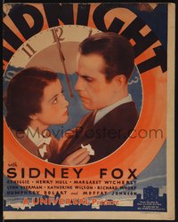 7b0030 MIDNIGHT WC 1934 great close up of Sidney Fox & Humphrey Bogart in deco clock artwork!