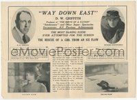 7b1337 WAY DOWN EAST herald 1920 D.W. Griffith, includes Lillian Gish on ice floes, ultra rare!