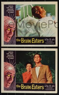 7b1241 BRAIN EATERS 6 LCs 1958 AIP sci-fi, classic border art of girl's brain exploding!