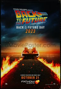 7c0247 BACK TO THE FUTURE DS 1sh R2023 Michael J. Fox, art of Delorean with fiery tire tracks, rare!