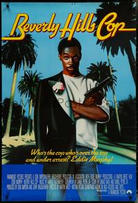 7c0261 BEVERLY HILLS COP int'l 1sh 1984 best different art of Eddie Murphy with half tux & gun!