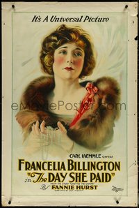 7c0051 DAY SHE PAID 1sh 1919 Rex Ingram, Fannie Hurst, Francelia Billington in fur, ultra rare!