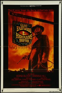 7c0383 HIGH PLAINS DRIFTER 1sh 1973 classic Ron Lesser art of Clint Eastwood holding gun & whip!