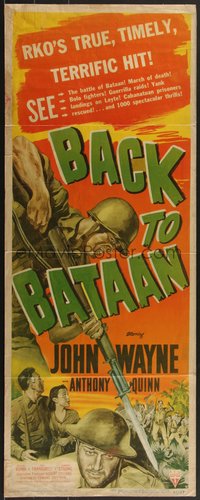 7c0725 BACK TO BATAAN insert 1945 John Wayne, Anthony Quinn & Franquelli in WWII, ultra rare, rare!