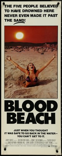 7c0727 BLOOD BEACH insert 1981 Jaws parody tagline, image of sexy girl in bikini sinking in sand!