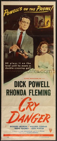 7c0731 CRY DANGER insert 1951 great film noir art of Dick Powell loading gun + sexy Rhonda Fleming!