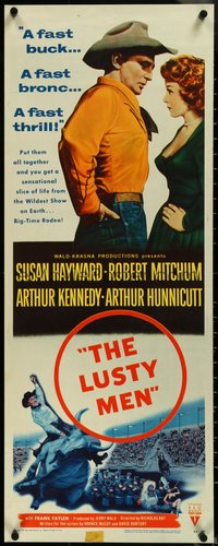 7c0762 LUSTY MEN insert 1952 art of Robert Mitchum with sexy Susan Hayward & riding on bull!