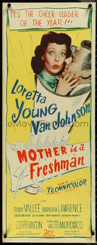 7c0765 MOTHER IS A FRESHMAN insert 1949 Loretta Young & Johnson, the cheer leader of the year, rare!