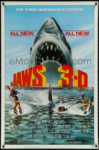 7c0416 JAWS 3-D 1sh 1983 Dennis Quaid, great Gary Meyer shark art, the third dimension is terror!