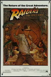 7c0534 RAIDERS OF THE LOST ARK 1sh R1982 great Richard Amsel art of adventurer Harrison Ford!