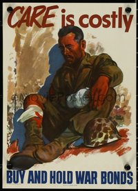 7c0861 CARE IS COSTLY 9x13 WWII war poster 1945 cool Adolph Treidler art of injured soldier!