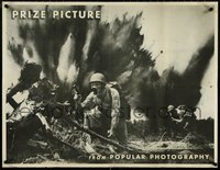 7c0185 PRIZE PICTURE 25x32 WWII war poster 1940s soldiers wearing gasmasks + explosions, ultra rare!