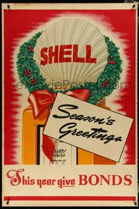 7c0059 SHELL 32x48 WWII war poster 1940s give bonds this Christmas, wreath and gas pump, ultra rare!