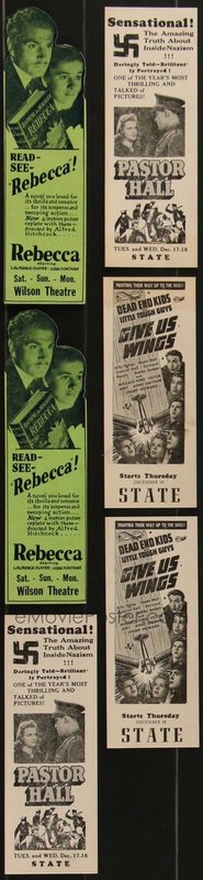 7d1121 LOT OF 6 PROMO BOOKMARKS 1940 Alfred Hitchcock's Rebecca, Give Us Wings, Pastor Hall