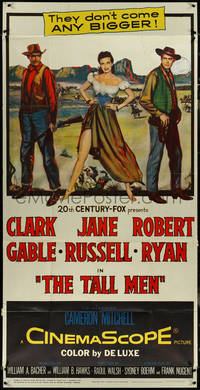 7f0249 TALL MEN 3sh 1955 art of Clark Gable, sexy Jane Russell showing leg, Robert Ryan, ultra rare!