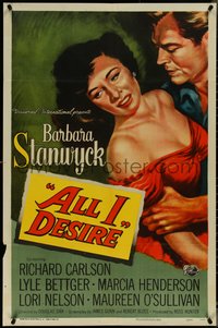 7f0907 ALL I DESIRE 1sh 1953 close up art of Richard Carlson & Barbara Stanwyck embracing!