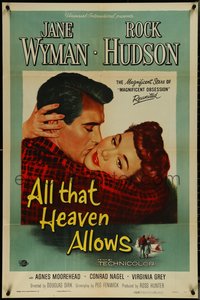 7f0909 ALL THAT HEAVEN ALLOWS 1sh 1955 close up romantic art of Rock Hudson kissing Jane Wyman!