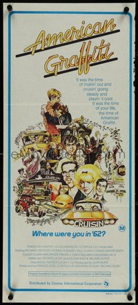 7f0405 AMERICAN GRAFFITI Aust daybill 1974 George Lucas, wacky Mort Drucker far away art of cast!