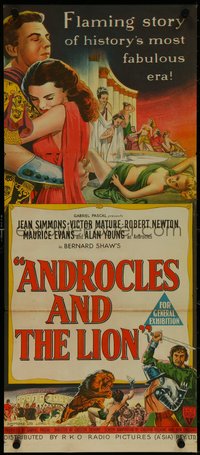 7f0406 ANDROCLES & THE LION Aust daybill 1953 artwork of Victor Mature holding Jean Simmons!