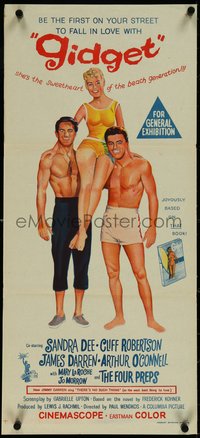 7f0442 GIDGET Aust daybill 1960 art of cute Sandra Dee on Darren & Cliff Robertson's shoulders!