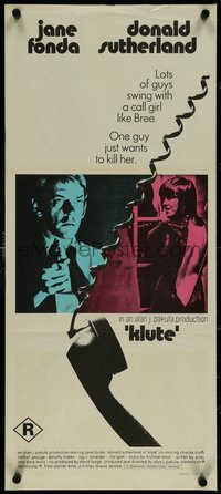 7f0457 KLUTE Aust daybill 1971 Donald Sutherland helps intended murder victim & call girl Jane Fonda!