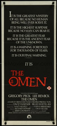 7f0480 OMEN Aust daybill 1976 Gregory Peck, Lee Remick, Satanic horror, our final warning!