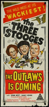 7f0481 OUTLAWS IS COMING Aust daybill 1965 The Three Stooges with Curly-Joe are wacky cowboys, rare!