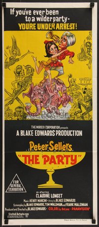 7f0482 PARTY Aust daybill 1968 Peter Sellers, Claudine Longet, Blake Edwards, wacky Davis-like art!