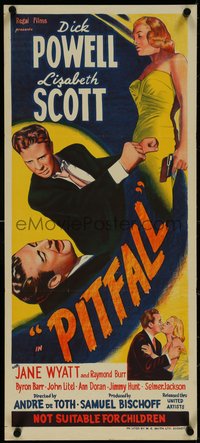 7f0483 PITFALL Aust daybill 1948 strong as steel Dick Powell broken by Lizabeth Scott, ultra rare!