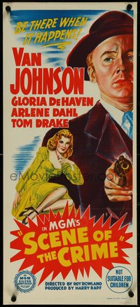 7f0490 SCENE OF THE CRIME Aust daybill 1949 art of Van Johnson pointing gun, Gloria DeHaven!