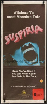 7f0495 SUSPIRIA Aust daybill 1977 classic Dario Argento horror, cool close up screaming mouth image!