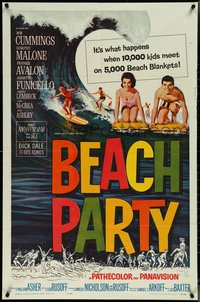 7f0937 BEACH PARTY 1sh 1963 Frankie Avalon & Annette Funicello riding a wave on surf boards!