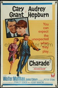 7f0972 CHARADE 1sh 1963 art of tough Cary Grant & sexy Audrey Hepburn, expect the unexpected!