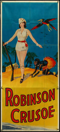 7f0204 ROBINSON CRUSOE stage play English 3sh 1930s full-length with Friday & bird by cabin!