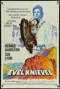 7f1042 EVEL KNIEVEL 1sh 1971 George Hamilton is THE daredevil, great art of motorcycle jump!