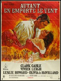 7f0130 GONE WITH THE WIND French 1p R1970s Terpning art of Gable & Leigh over burning Atlanta!