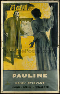 7f0180 PAULINE German 55x86 1914 Dely art of Gertrude Arnold confronting snooping man, rare!