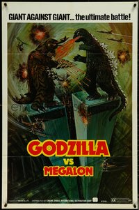 7f1086 GODZILLA VS. MEGALON 1sh 1976 great Dippel art of monsters battling on Twin Towers!