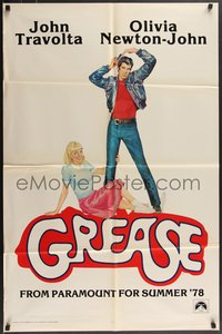 7f1092 GREASE teaser 1sh 1978 Linda Fennimore art of John Travolta & Olivia Newton-John, classic!