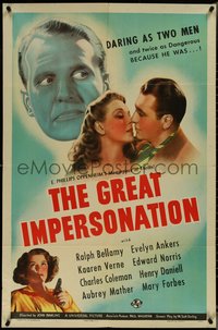 7f1093 GREAT IMPERSONATION 1sh 1942 spy Ralph Bellamy is twice as dangerous, Evelyn Ankers!