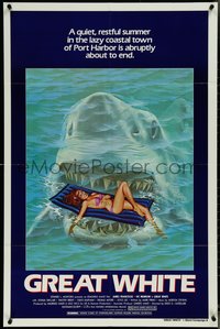 7f1094 GREAT WHITE 1sh 1982 great artwork of huge shark attacking girl in bikini on raft!