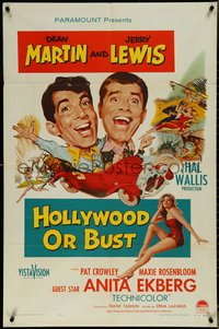 7f1117 HOLLYWOOD OR BUST 1sh 1956 wacky art of Dean Martin & Jerry Lewis in car, Anita Ekberg!