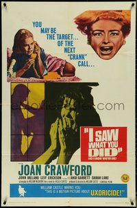 7f1125 I SAW WHAT YOU DID 1sh 1965 Joan Crawford, William Castle, you may be the next target!