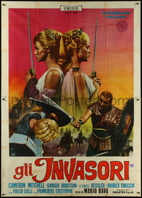 7f0168 ERIK THE CONQUEROR Italian 2p 1963 Mario Bava, Fiorenzi art, Kessler twins with swords, ultra rare!