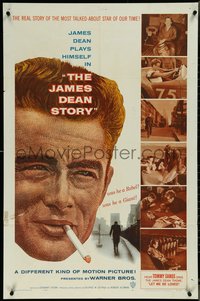 7f1135 JAMES DEAN STORY 1sh 1957 cool close up smoking artwork, was he a Rebel or a Giant?