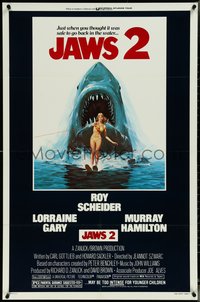 7f1138 JAWS 2 1sh 1978 great classic art of giant shark attacking girl on water skis by Lou Feck!