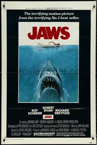 7f1137 JAWS 1sh 1975 art of Spielberg's classic man-eating shark attacking naked swimmer!