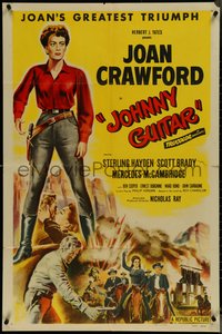 7f1142 JOHNNY GUITAR 1sh 1954 artwork of Joan Crawford reaching for gun, Nicholas Ray classic!