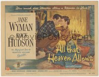 7f0506 ALL THAT HEAVEN ALLOWS TC 1955 c/u romantic art of Rock Hudson & Jane Wyman by fireplace!