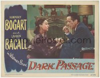 7f0551 DARK PASSAGE LC #8 1947 c/u of Agnes Moorehead kneeling in front of smoking Humphrey Bogart!